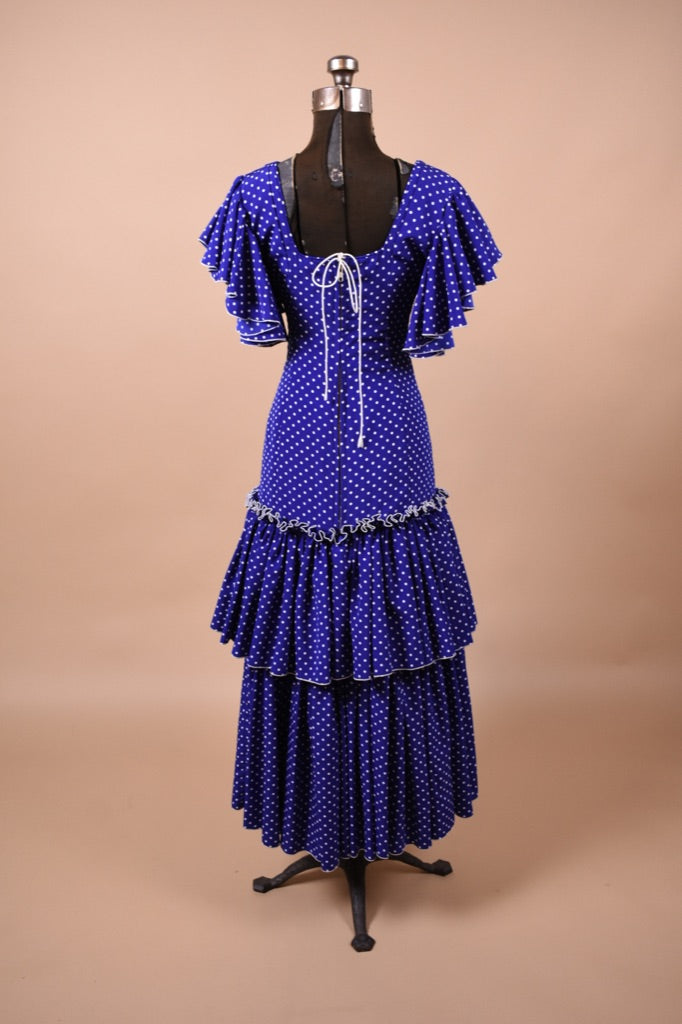 Blue and White Polka Dot 80s Flamenco Dress is shown from back