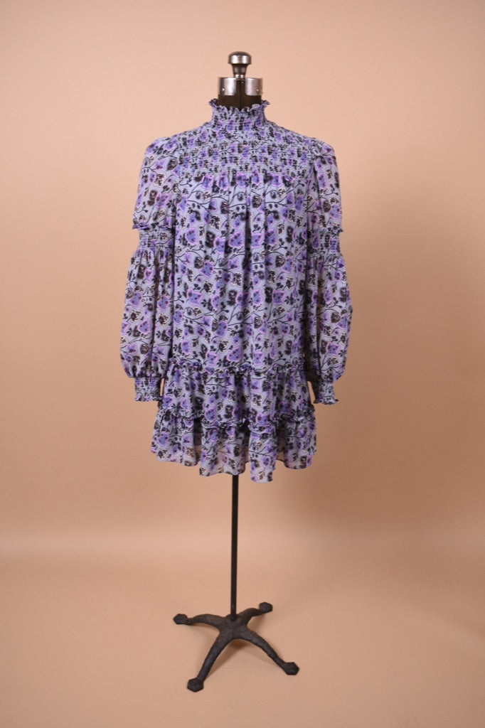 Purple Floral Long Sleeve Smocked Mini Dress By Cinq a Sept, S
