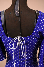 Load image into Gallery viewer, Blue and White Polka Dot 80s Flamenco Dress is shown from back zipper detail
