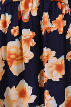 Load image into Gallery viewer, Betsey Johnson sheer navy and orange photorealistic floral mini dress is shown in close up.
