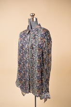 Load image into Gallery viewer, Vintage patterned colorful sheer chiffon blouse by Theyskes&#39; Theory is shown from the side. 
