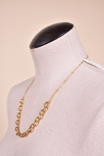 Load image into Gallery viewer, Vintage gold-plated brass chain link necklace is shown from the side. This necklace is adjustable.
