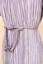 Load image into Gallery viewer, Vintage 1980&#39;s Pierre Labiche lavender micropleat dress is shown in close up. This textured pastel dress has a braided rope belt. 
