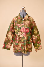 Load image into Gallery viewer, Vintage olive green cotton floral print jacket by Outside Designworks is shown from the front. This collared jacket has buttons down the front. 
