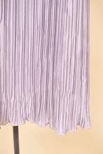 Load image into Gallery viewer, Lavender purple pleated designer midi dress is shown in close up. 
