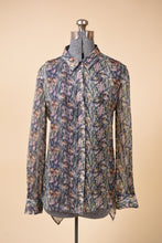 Load image into Gallery viewer, Vintage sheer Theyskens&#39; Theory patterned blouse is shown from the front. 
