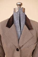 Load image into Gallery viewer, Vintage 80s brown houndstooth set with velvet trim is shown in close up. 
