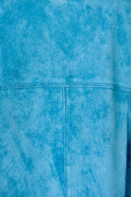 Load image into Gallery viewer, Vintage patchwork colorful blue suede jacket is shown in close up. 
