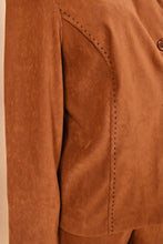 Load image into Gallery viewer, Vintage soft brown nineties blazer with embroidered details down the front is shown in close up. 
