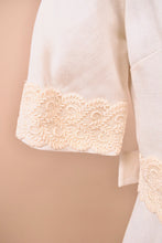 Load image into Gallery viewer, The lace cuff is seen to match the center waist detail.
