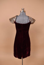 Load image into Gallery viewer, Burgundy and Gold 80s Velvet &amp; Brocade Puff Shoulder Dress, XS
