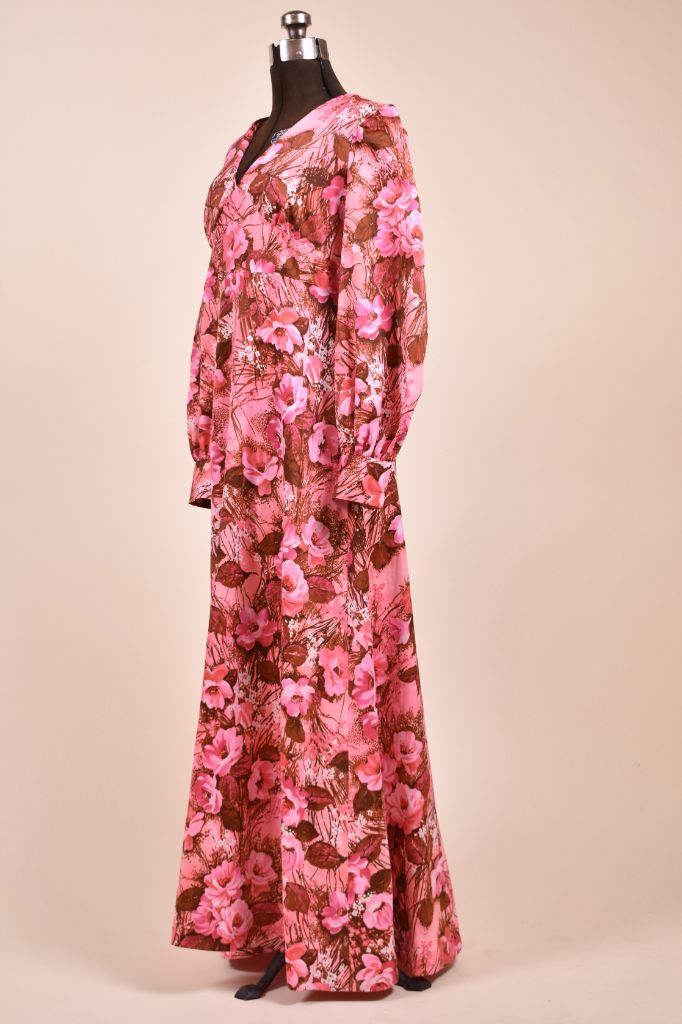 Pink Floral Puff Sleeve Hippie Maxi Dress, M