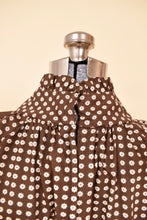 Load image into Gallery viewer, Vintage 70&#39;s Young Victorian collectible brown daisy blouse is shown in close up. This blouse has hook and eye closures at the neckline. 
