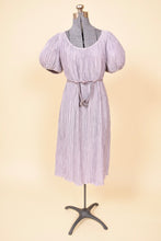 Load image into Gallery viewer, Vintage lilac Pierre Labiche eighties micropleat midi dress is shown from the front. This dress is shown styled with a rope belt to cinch the waist.  
