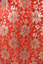 Load image into Gallery viewer, Vintage 1960&#39;s red dress with mesh lace metallic overlay is shown in close up.
