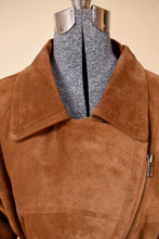 Load image into Gallery viewer, Vintage soft brown suede 80&#39;s jacket by Together! is shown in close up. This suede moto style jacket has a foldover collar detail on the front. 
