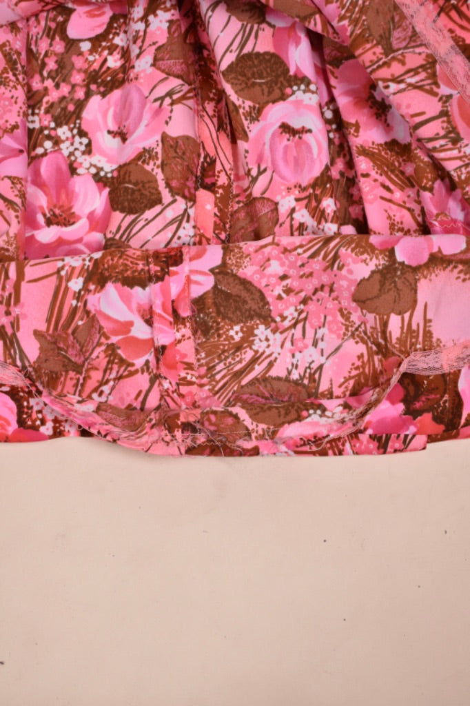 Pink Floral Puff Sleeve Hippie Maxi Dress, M