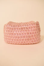 Load image into Gallery viewer, Vintage shiny pink crystal beaded basket bag by Gaymode is shown from the back. 

