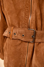 Load image into Gallery viewer, 80s vintage brown suede belted jacket is shown in close up.
