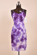 Load image into Gallery viewer, Vintage purple and white tie dye hand dyed slip dress is shown from the front. This lingerie dress is a midi length.
