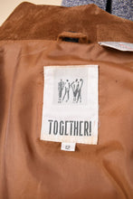 Load image into Gallery viewer, Vintage 1980&#39;s brown suede jacket is shown in close up. This jacket has a tag that reads Together!
