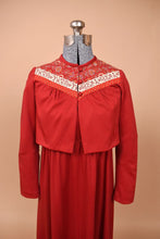 Load image into Gallery viewer, Vintage 70&#39;s red dress and bolero set by Lanz is shown from the front. This bolero jacket has three buttons on the collar.
