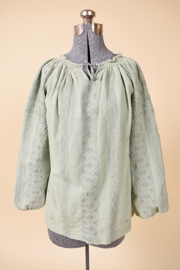 Sage Embroidered Indian Cotton Peasant Top, M