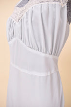 Load image into Gallery viewer, Vintage powder blue semi sheer maxi length nightgown dress is shown in close up. 
