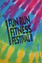 Load image into Gallery viewer, Vintage tie dye rainbow Sun Life of Cananda 1996 Fun Run Fitness Festival single stitch tee shirt is shown in close up. 
