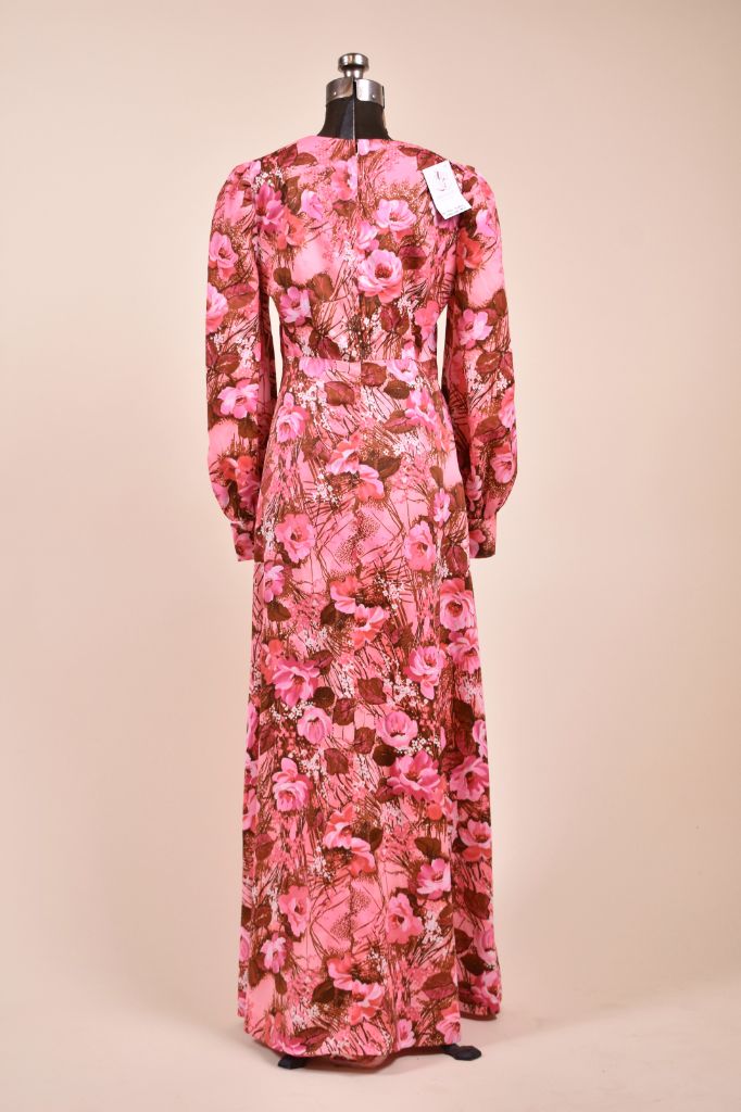 Pink Floral Puff Sleeve Hippie Maxi Dress, M