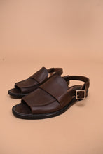 Load image into Gallery viewer, Brown leather designer sandals by Marni are shown from the side. These sandals have a peep toe.
