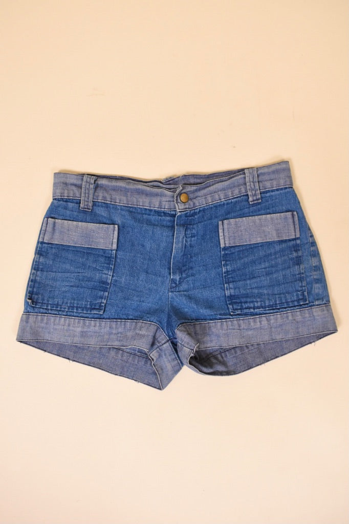 Blue 70s Two Tone Mid / Low Rise Denim Shorts By Fire and Rain, 34