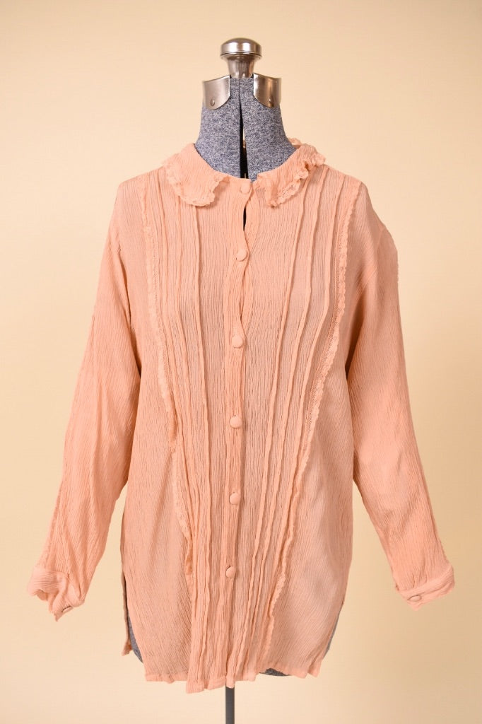 Peach Collared Lacy Pintuck Silk-Blend Crepe Blouse, M
