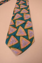 Load image into Gallery viewer, Vintage silk tie shown in close up. The tie has a triangle pattern in green, yellow, and pink.
