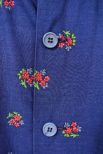 Load image into Gallery viewer, Vintage blue, red, and green floral print cotton sundress is shown in close up. 
