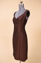 Load image into Gallery viewer, Vintage 1990&#39;s sophisticated brown silk and cotton blend midi dress is shown from the side. 
