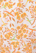 Load image into Gallery viewer, Vintage green and orange bird print top is shown in close up.
