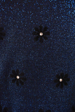 Load image into Gallery viewer, Vintage shiny navy blue lurex two piece skirt and top set is shown in close up. This set has a rhinestone pattern on the front. 
