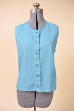 Load image into Gallery viewer, Vintage teal sleeveless cotton button up tank is shown from the front. This top has a scoop neckline.
