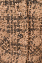 Load image into Gallery viewer, Vintage tan tweed suit set is shown in close up. This 1960&#39;s blazer has buttons up the front. 
