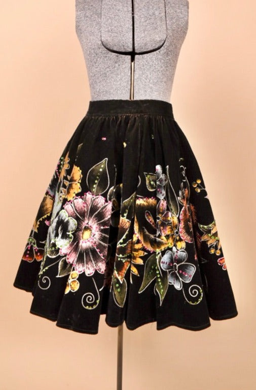 Black 40s Mexican Painted Flowers Velvet Skirt, by Salpra, XS