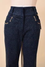 Load image into Gallery viewer, Vintage early 2000&#39;s designer jeans with gold chain accents are shown in close up. These St John Y2K jeans have belt loops. 
