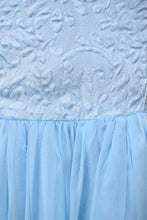 Load image into Gallery viewer, Vintage handmade light blue princess gown is shown in close up. This gown has a sheer a line skirt that flares out from the top. 
