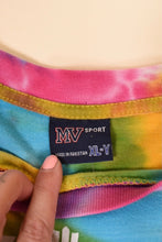Load image into Gallery viewer, Vintage rainbow tie dye Jay Peak Vermont Ski resort is shown in close up. This tee shirt has a tag that reads MV Sport made in Pakistan XL-Y.
