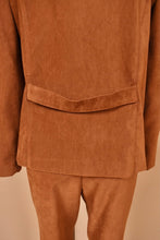 Load image into Gallery viewer, Vintage two piece brown faux suede set is shown in close up. This blazer has a faux belt at the back of the waist.
