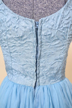 Load image into Gallery viewer, Vintage handmade powder blue floral bodice dress is shown from the back. This ball gown has a zipper down the back. 
