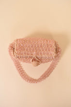Load image into Gallery viewer, Vintage light pink sparkly raffia basket bag is shown from above. This bag was made in Japan by Gaymode. 
