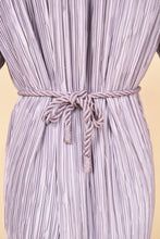 Load image into Gallery viewer, Vintage purple French designer midi pleated dress is shown in close up. This dress has a slight sheen. 
