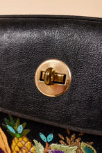 Load image into Gallery viewer, Vintage sixties Enid Collins bucket handbag is shown in close up. This novelty box purse has a gold turnlock in the center. 
