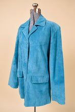 Load image into Gallery viewer, Vintage 90&#39;s turquoise suede blazer jacket is shown from the side. This jacket has two hip pockets. 
